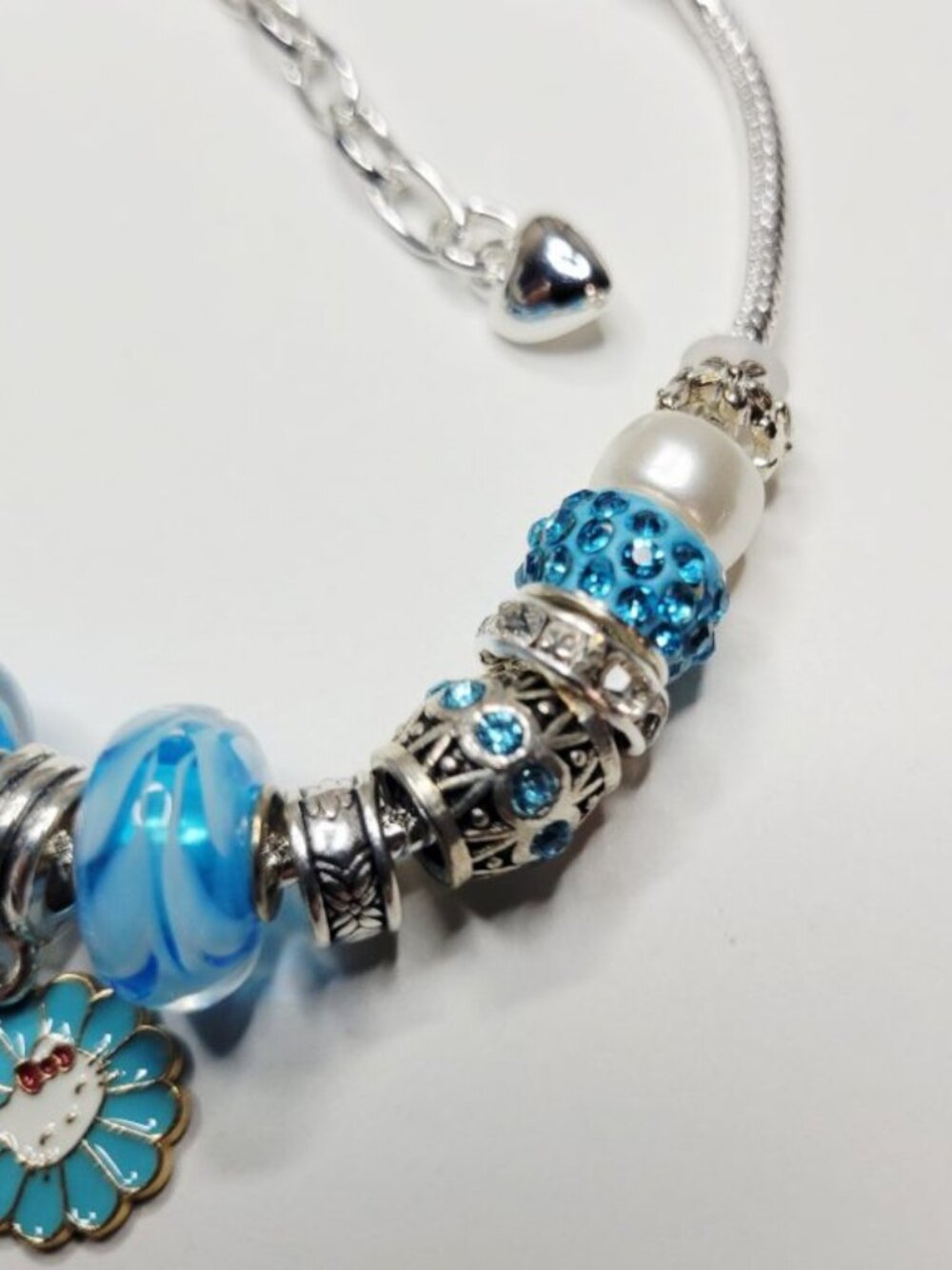NWT Hello Kitty Pandora Style Charm Bracelet Silver Color Aqua Blue Rhinestones - Picture 5 of 8
